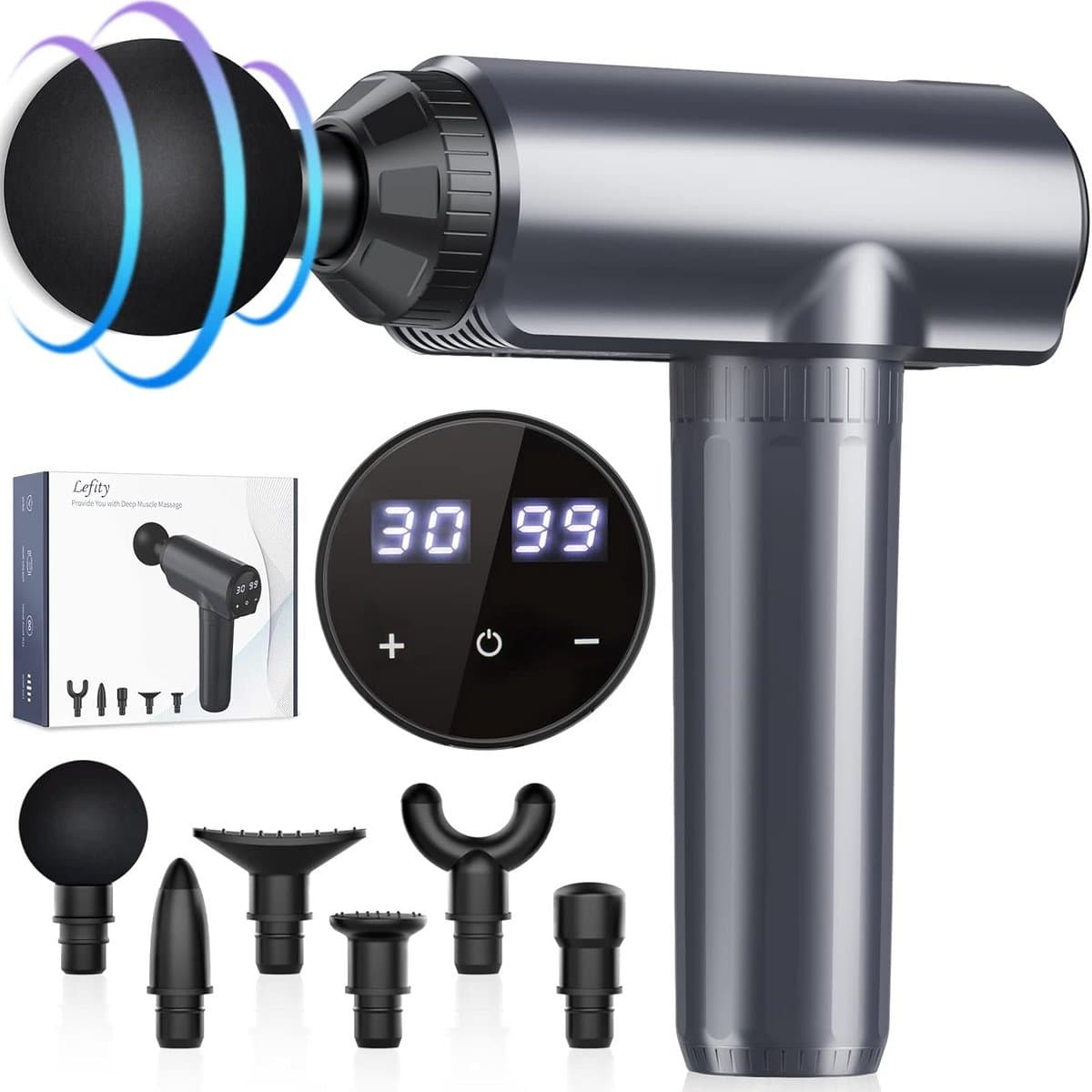 Massagepistool - Spierontspanning Apparaat - Spierherstel Bevorderen - 30 Niveaus 6 Koppen - 19x6x18 cm - Zwart — afbeelding 1