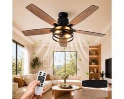 MUPOO massief hout Plafondventilator met Verlichting 112 cm - Energiezuinige DC Motor&Afstandsbediening -Muisstil- Zomer- en winterstand-6 Snelheden & Timer- ventilator lamp plafond Voor Slaapkamer & Woonkamer