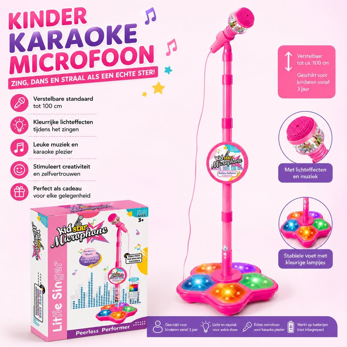 Kinder Karaoke Microfoon met Standaard – Verstelbaar – Licht & Muziek – Roze – Speelgoed Microfoon voor Kinderen — afbeelding 1