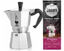 Bialetti Moka Express 4 kops + Bialetti Delicato gemalen koffie 250gr