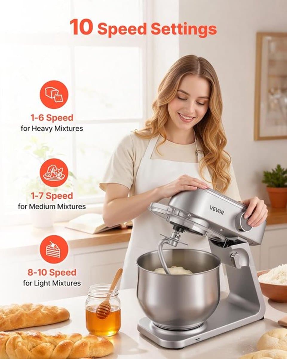 Keukenmachine – Keukenmixer – Keukenrobot – Foodprocessor – Mixer – 7,4L RVS Mengkom – 1800W Motor – 10 Snelheden – Inclusief Deeghaak, Garde En Platte Mengklopper — afbeelding 1