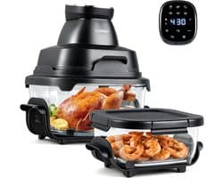 COSTWAY Draagbare Air Fryer heteluchtfriteuse 4 l/1,7 l, 6-in-1 Airfryer 1500 W heteluchtfriteuse en bakken, heteluchtfriteuse met 2 uitneembare glazen containers en deksel, voor camping, thuis (zwart)
