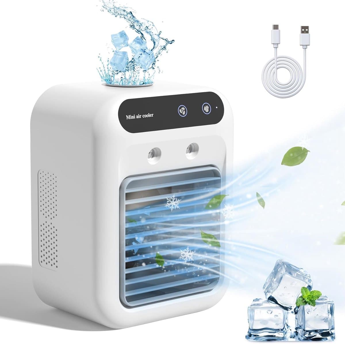 1 Mini oplaadbare bureauventilator (met draagtas + ijsreservoir) - 164×114×214 mm - 500 ml waterreservoir - Twee ventilatorsnelheden - Draagbaar - Geschikt voor slaapkamer, kantoor en buitengebruik - Wit — afbeelding 1