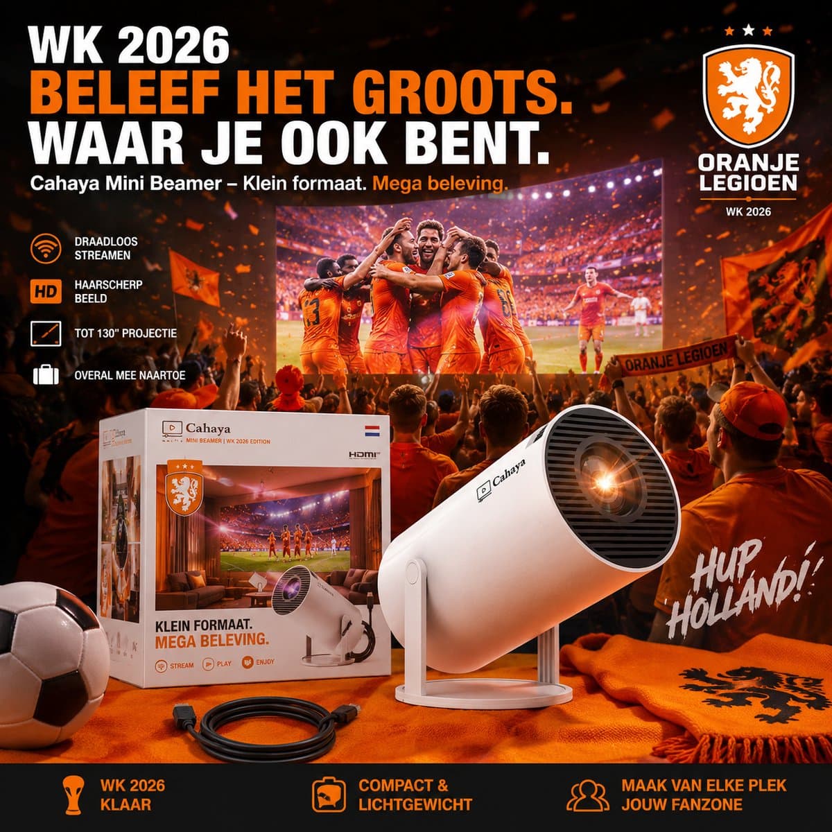 Cahaya 2026 vernieuwd model + Gratis HDMI kabel- Pro versie - Mini Beamer - mini projector - draagbare beamer - projector / beamer - Geïntegreerd Android 12.0 systeem - Screen mirroring smartphone - Home cinema — afbeelding 1
