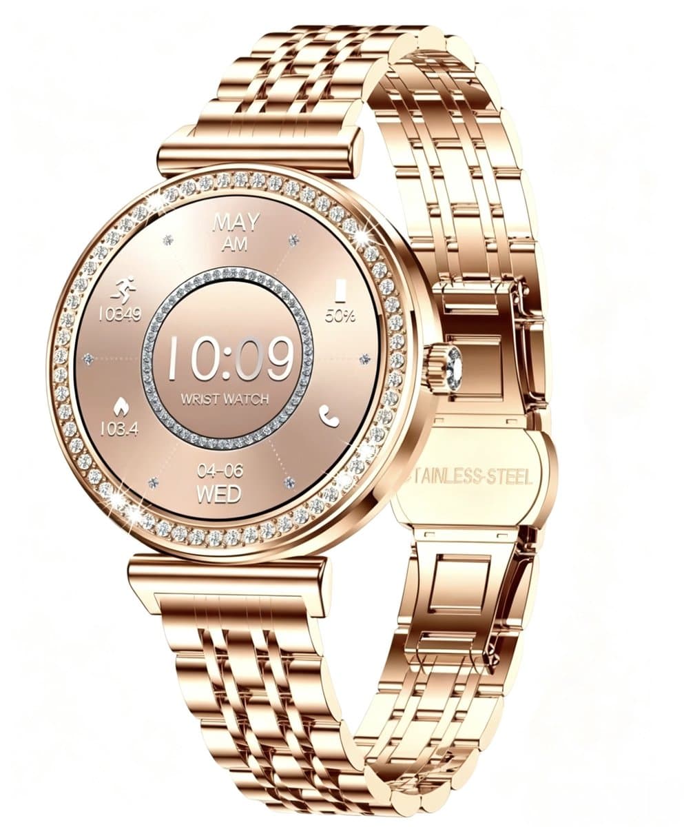 Knobbout Luxe Dames Smartwatch 1.27” Scherm met Kristallen – Bluetooth Bellen – HD Touchscreen – Hartslag, Bloeddruk & SpO₂ Monitoring – Vrouwelijke Gezondheidsfuncties – AI spraakassistent– IP68 Waterdicht – Rosé goud stalen horlogeband — afbeelding 1
