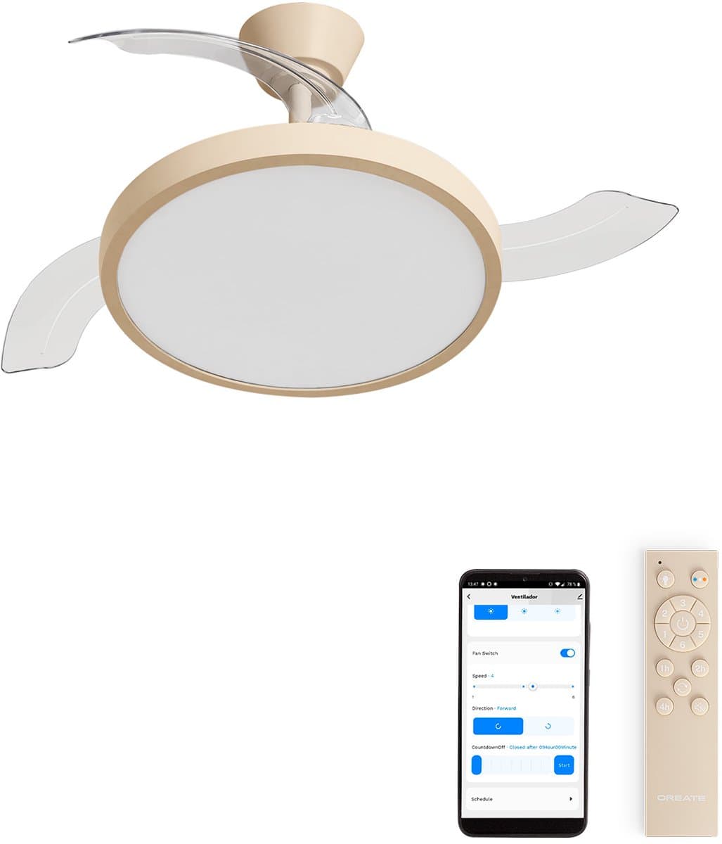CREATE - Plafondventilator 40W stil met intrekbare bladen met licht - Ø108cm - Zand - WIFI + afstandsbediening - WIND CLEAR STUDIO — afbeelding 1