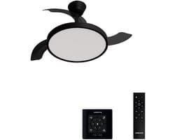 CREATE - Plafondventilator 40W stil met intrekbare bladen met licht - Ø91cm - Zwart - Controller voor wandmontage + afstandsbediening - WIND CLEAR STUDIO