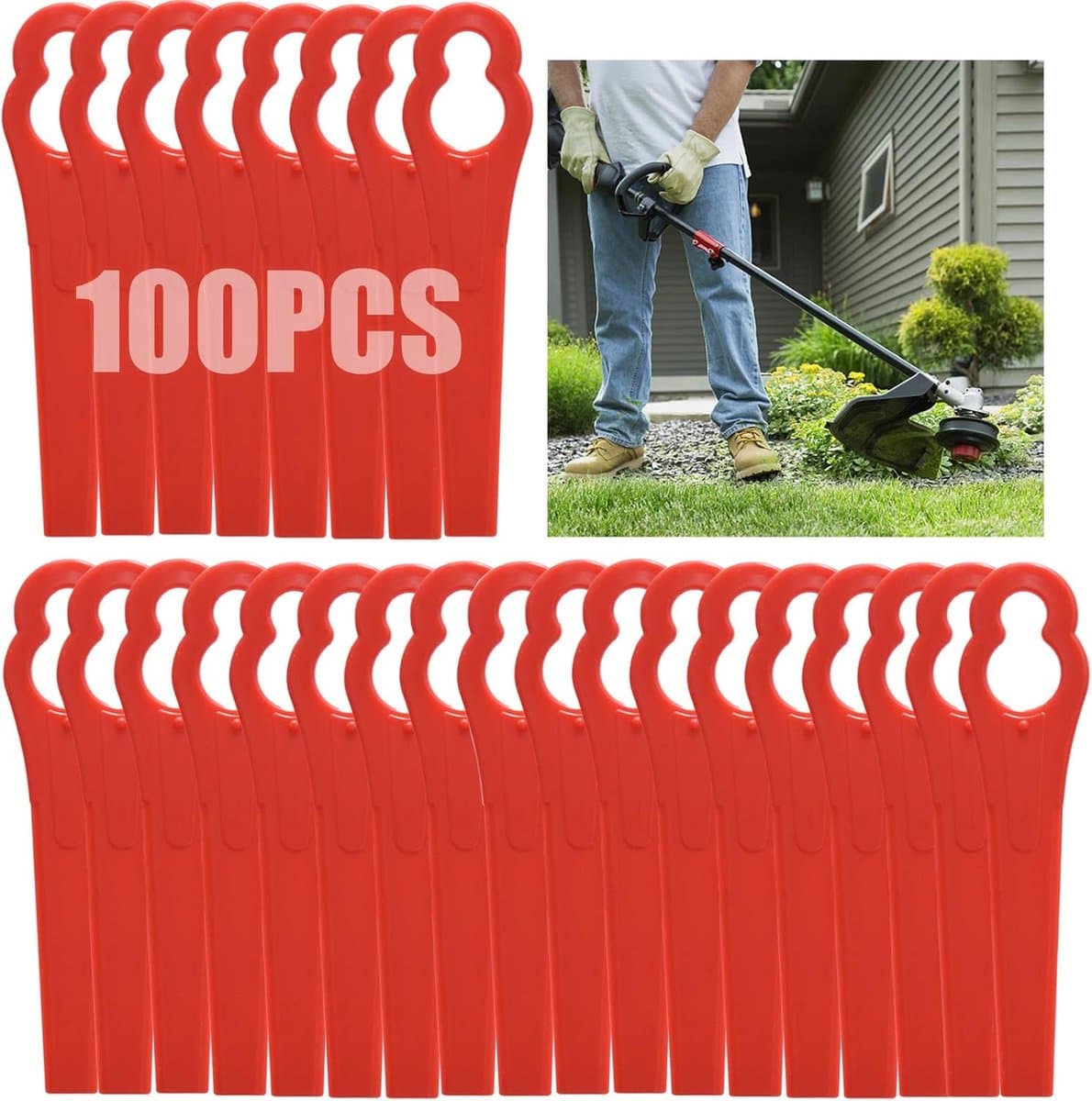 Sander Shop 100 stuks kunststof grastrimmermessen, draadloze strimmer-messen 83 mm grasmaaier snijbladen tuinmaaier vervangende messen voor Terratek Einhell grasstrimmer-rood — afbeelding 1