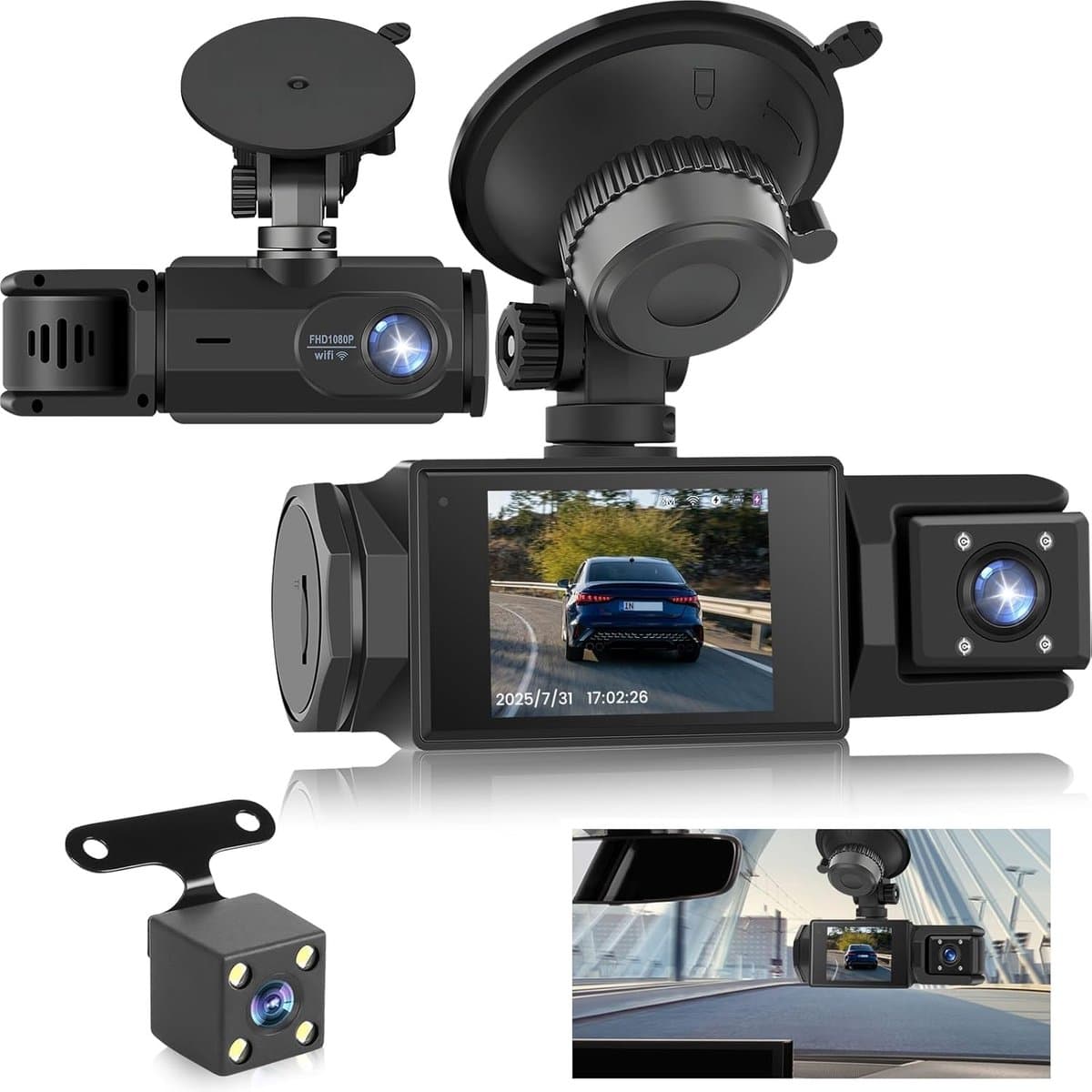 WiFi Dashcam voor Auto – 3-kanaals Draadloze Dashcam met App, Voor Binnenin Achter Camera, Full HD 1080P, 2” IPS-scherm, Nachtzicht, Bewegingsdetectie, Loopopname, 64GB-kaart Inbegrepen — afbeelding 1