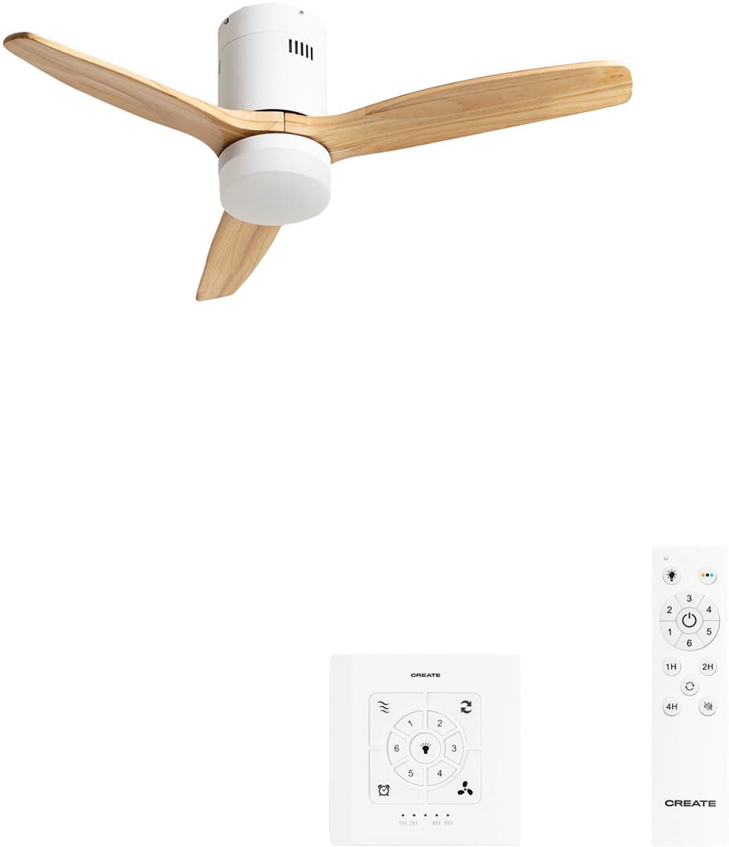 CREATE - Plafondventilator 40W silent 100% hout (Ø132cm) (ruimtes 10m²-25m²) - Wit / Licht hout - Met licht - Controller voor wandmontage + afstandsbediening - WIND CALM NATURAL WOOD — afbeelding 1