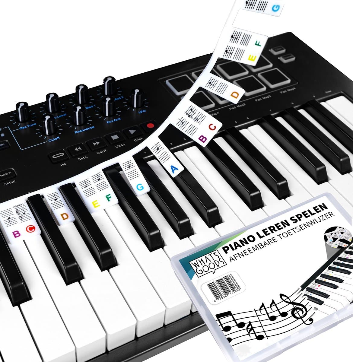 What's Goods - Afneembare siliconen piano toetsenwijzer - Piano (muzieknoten) leren spelen - 88 toetsen - Piano stickers - Wit met kleuren — afbeelding 1