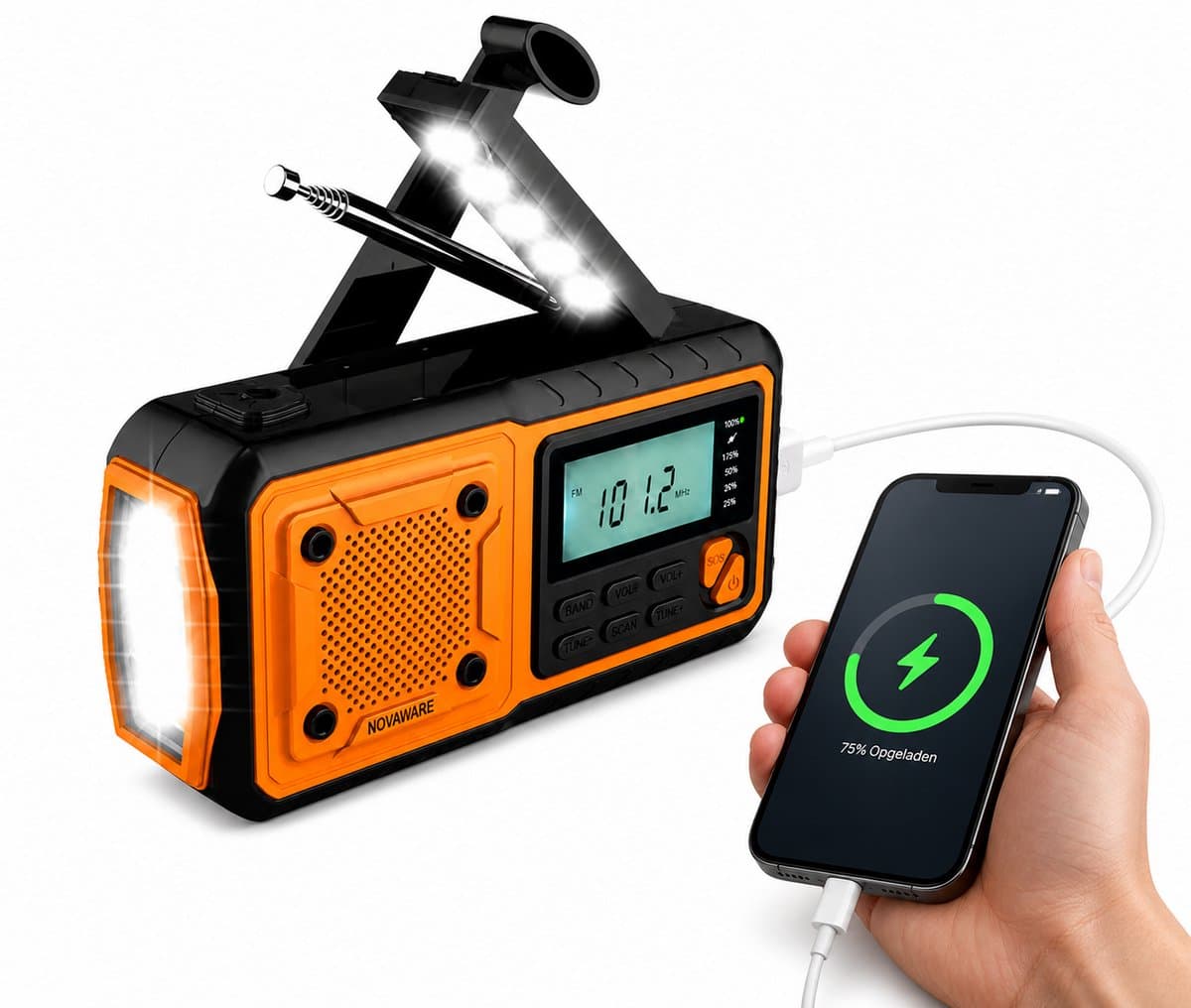 NovaWare® Noodradio Solar Opwindbaar 4400mAh Powerbank – Draagbare Radio FM/AM – Zonne-energie & Handslinger – Zaklamp SOS Alarm – Noodpakket Radio op Batterijen – Outdoor Survival Camping Emergency Radio – Oranje — afbeelding 1