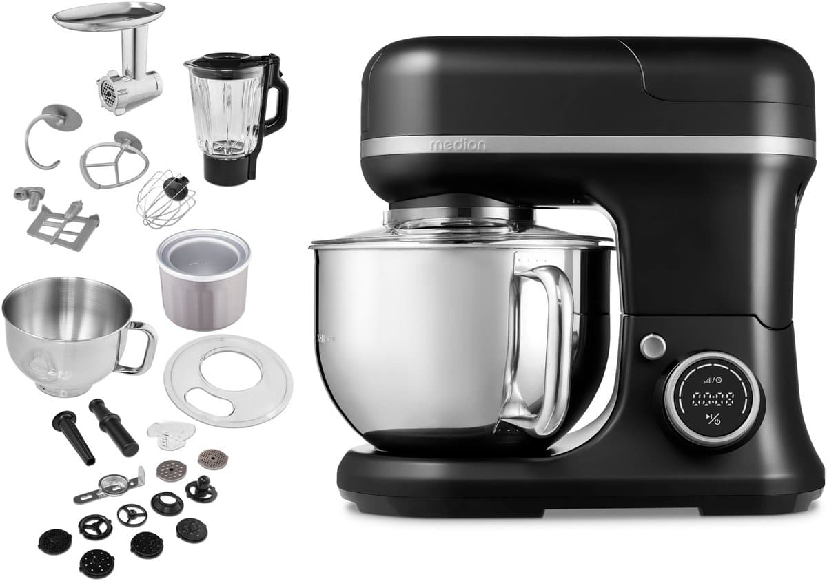 MEDION Keukenmachine met vleesmolen, blender 4-in-1, Zwart | IJskom voor ijsbereiding, 1200 W, raspen, snijden, kneden, deegmachine, MD18440 — afbeelding 1