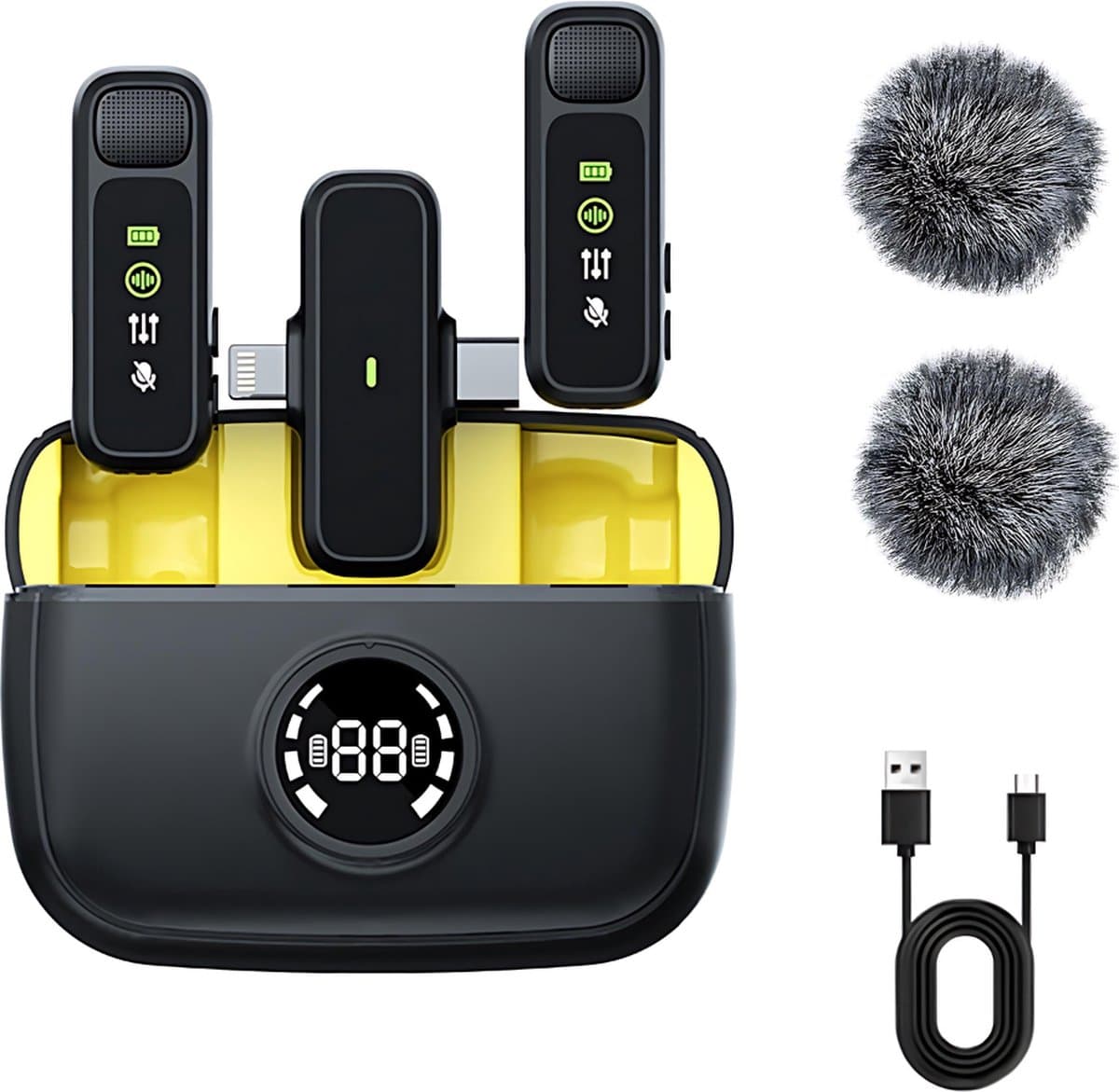 Strolox® Draadloze Microfoon - 2 Stuks - Oplaadcase - Lavalier - Windshields - Dasspeld - Lange Batterij - USB-C/Lightning - Plug & Play — afbeelding 1
