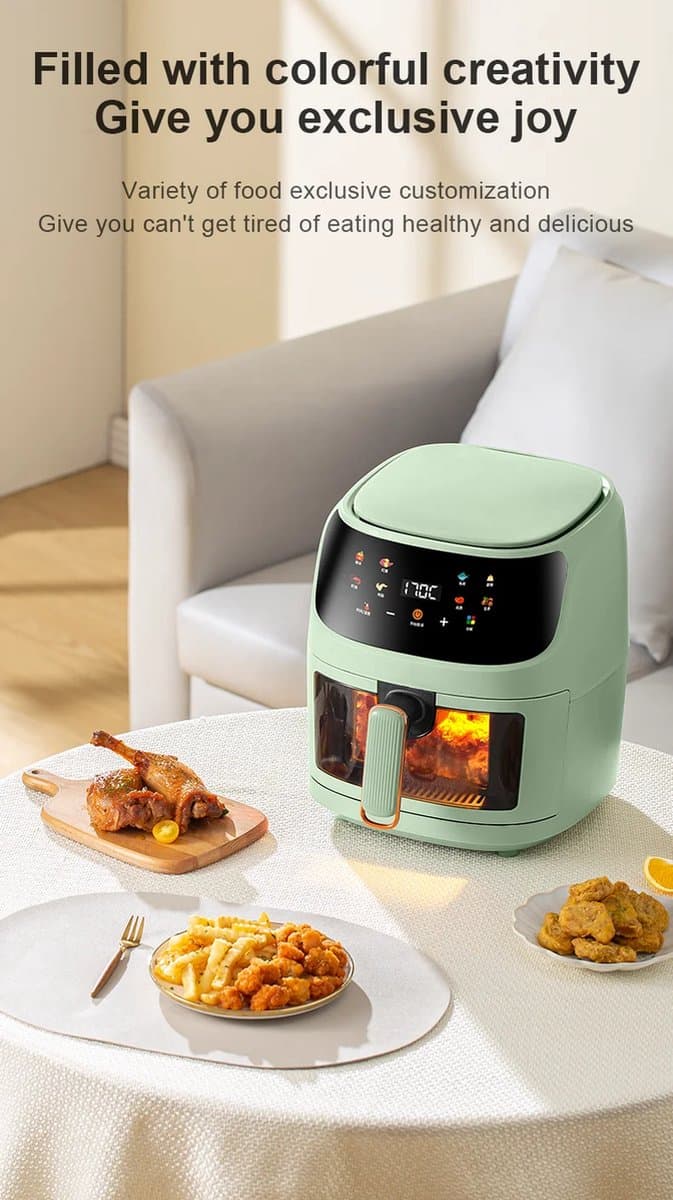 Microdata - Airfryer - Heteluchtfriteuse - Airfryer Oven - Hetelucht Oven - Digitale Airfryer - Lucht Frituur - Touchscreen bediening - Schuiflade met glas - QF606 - 6L - 1350Watt - Groen — afbeelding 1