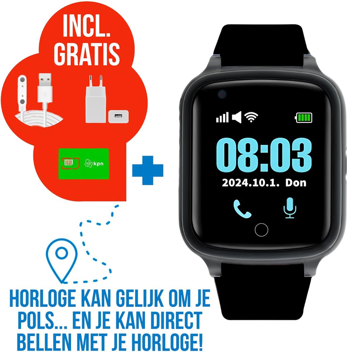Wiesba WB73S - GPS Horloge Senior - Smartwatch voor Ouderen - Persoonlijke alarmen - alarm horloge ouderen - GPS Horloge Alzheimer - Valdetectie - Zwart — afbeelding 1