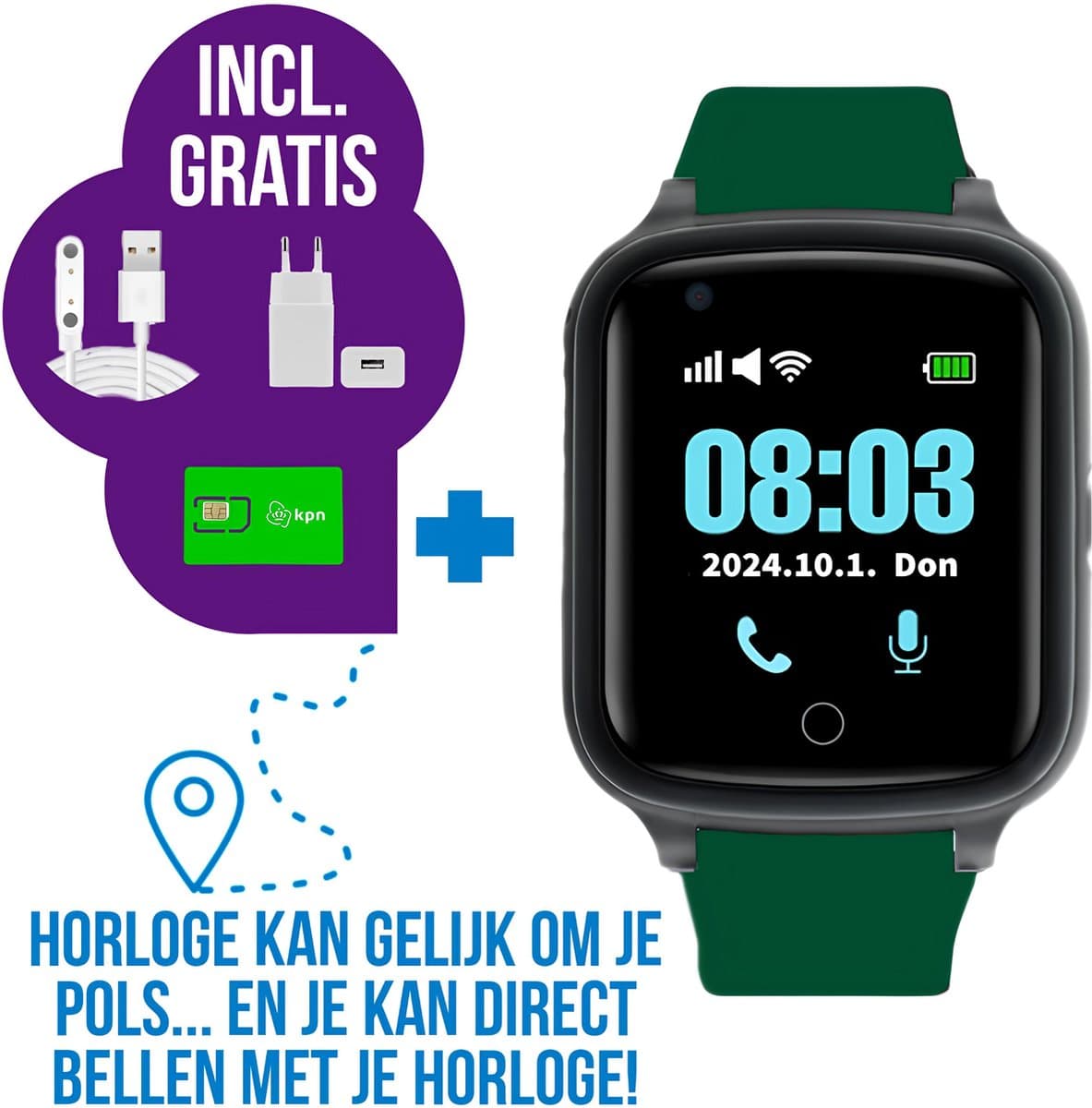 Wiesba WB73S - GPS Horloge Senior - Smartwatch voor Ouderen - Persoonlijke alarmen - alarm horloge ouderen - GPS Horloge Alzheimer - Valdetectie - Groen — afbeelding 1
