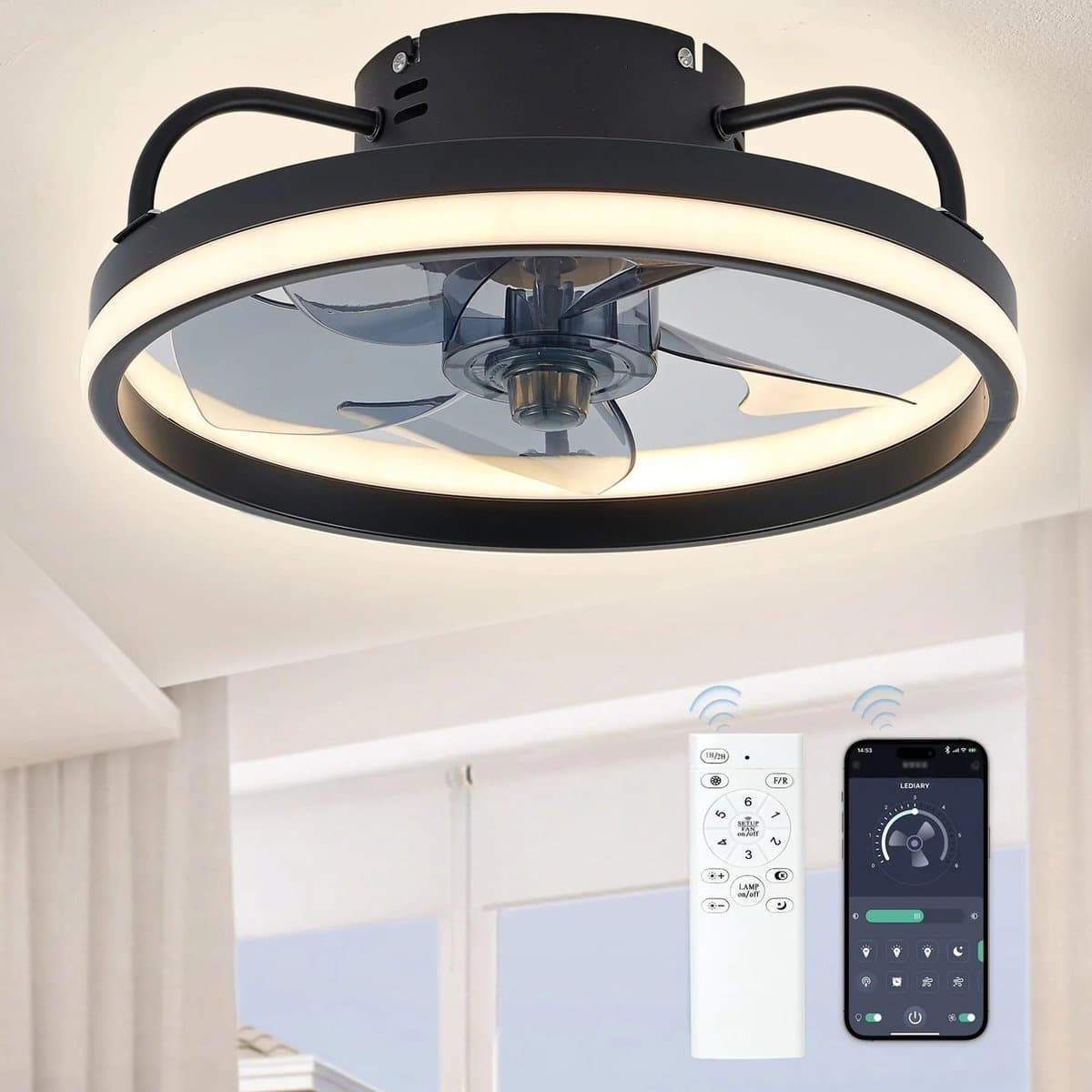 Zwarte Plafondventilator met Verlichting - Ventilator Lamp Plafond - Kroonluchter Ventilator - LED lamp - Stille ventilator - Afstandsbediening - Dimbaar - Woonkamer Lamp - Ventilator Lampen - Slaapkamer lamp - Eetkamerlamp — afbeelding 1