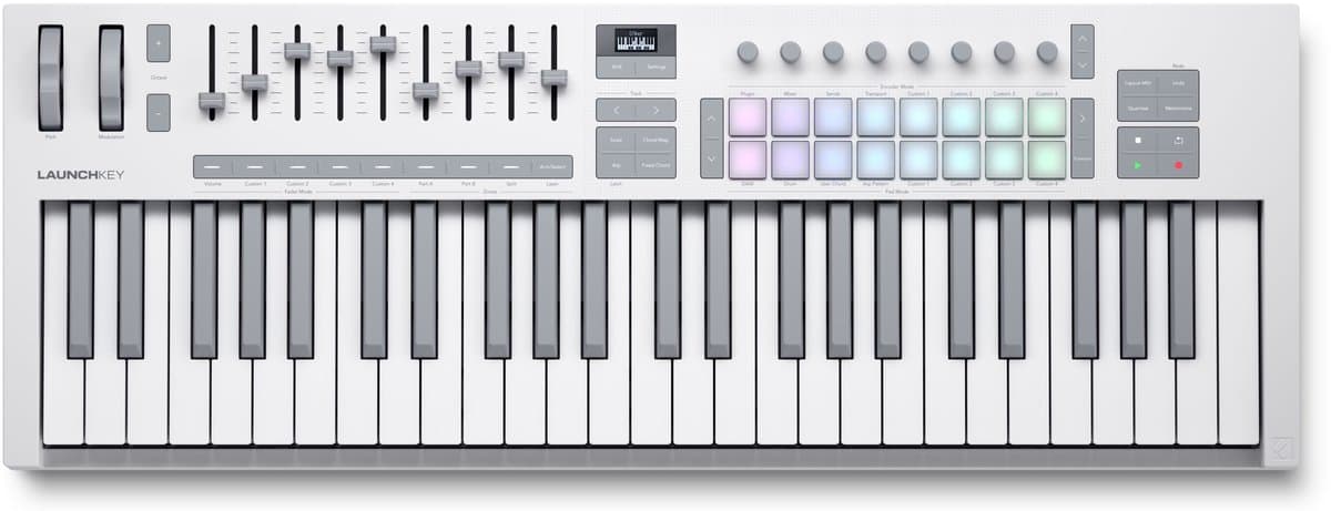 Novation Launchkey 49 MK4 - MIDI Keyboard Controller - 49 Semi-Gewogen Toetsen - 4 Octaven - 16 FSR Drumpad - 9 Faders - 8 Encoders - OLED Display - USB-C - 5-Pins MIDI - Wit — afbeelding 1