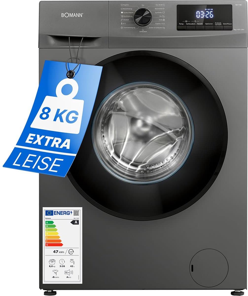 Bomann WA 7185 T Wasmachine - 8KG - 1400 toeren - 15 programma's - Stoomfunctie - Energieklasse A - 10 jaar motorgarantie — afbeelding 1