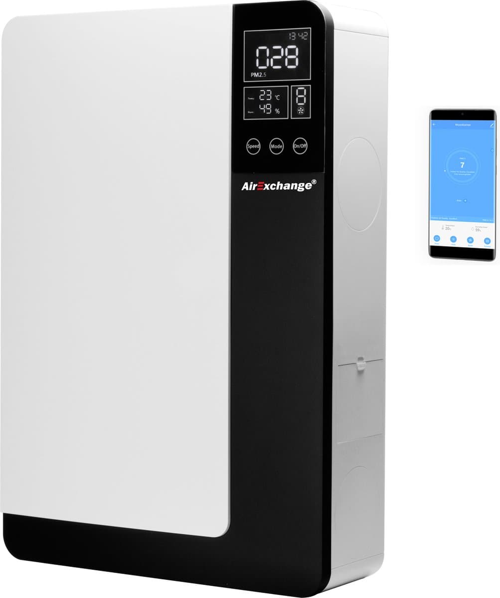 AirExchange 150-WTW Ventilatiesysteem | Decentraal ventileren met een thermisch rendement van 82% | Ventilatiedebiet van 150m³/u | HEPA H14 filter, Carbonfilter met geactiveerd koolstof | Reinigt ultra-fijnstof, pollen, geuren | Geschikt tot 50m² — afbeelding 1