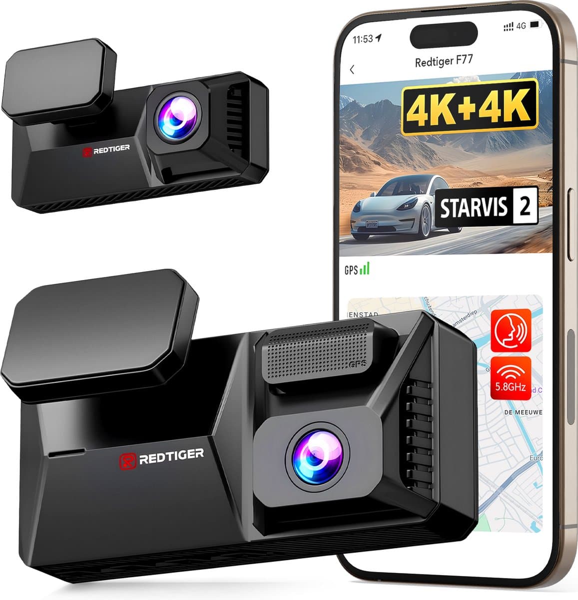 RedTiger F77 - Dual Dashcam voor auto - Ultra 4K & 4K - Voor en Achter Camera - 2024 model - Met Touchscreen - WiFi en GPS - 4.0 Inch met App - Sony Sensor Nachtzicht - Dashcams - Parkeerbewaking - G Sensor - Loop opname - 128GB Intern geheugen — afbeelding 1