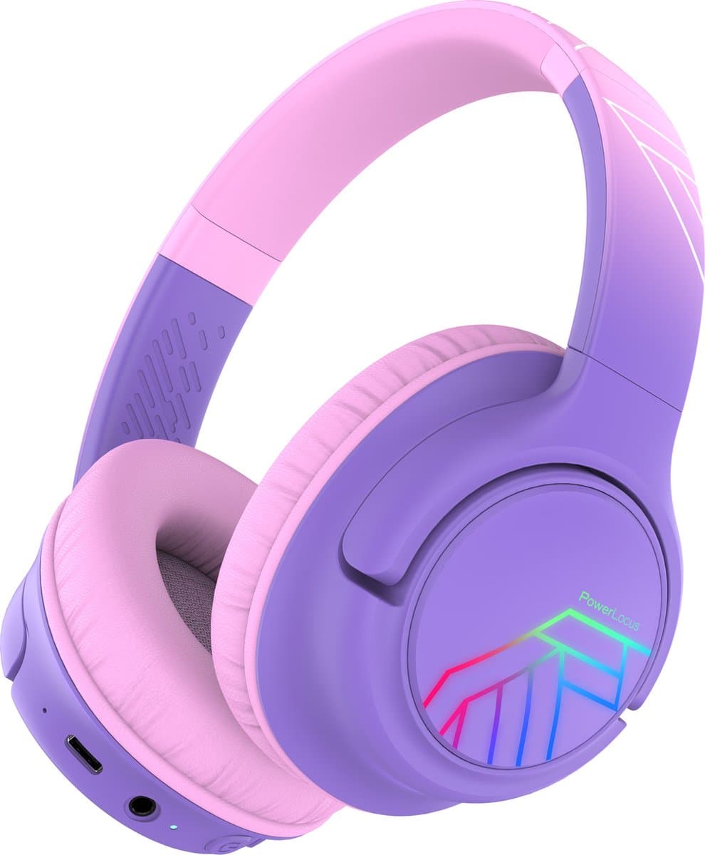 PowerLocus Bobo - Draadloze Koptelefoon voor Kinderen - Bluetooth koptelefoon - 74/85/94dB Volumebegrenzing - Led Verlichting - Audio Sharing Functie - Purple/Pink — afbeelding 1