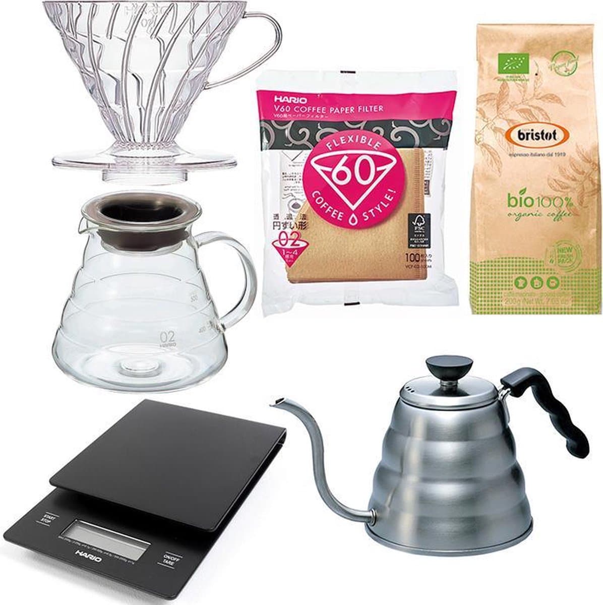 Hario V60 Range Server Slow Coffee starter set 1-4 kops + Bristot BIO 100% biologische koffie — afbeelding 1