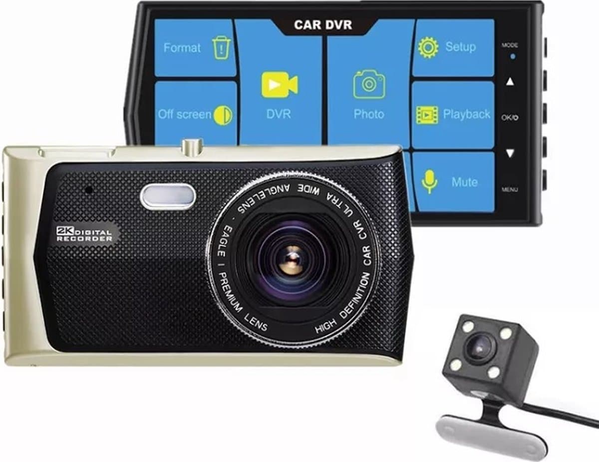 TechU™ Dashcam Voor en Achter Camera – M22 – Dashboardcamera – 4” Scherm – 170° Wijdhoeklens – G-sensor – Bewegingssensor – Parkeermodus – Loop recording – Nachtvisie – Incl. Achteruitrijcamera - voor auto — afbeelding 1