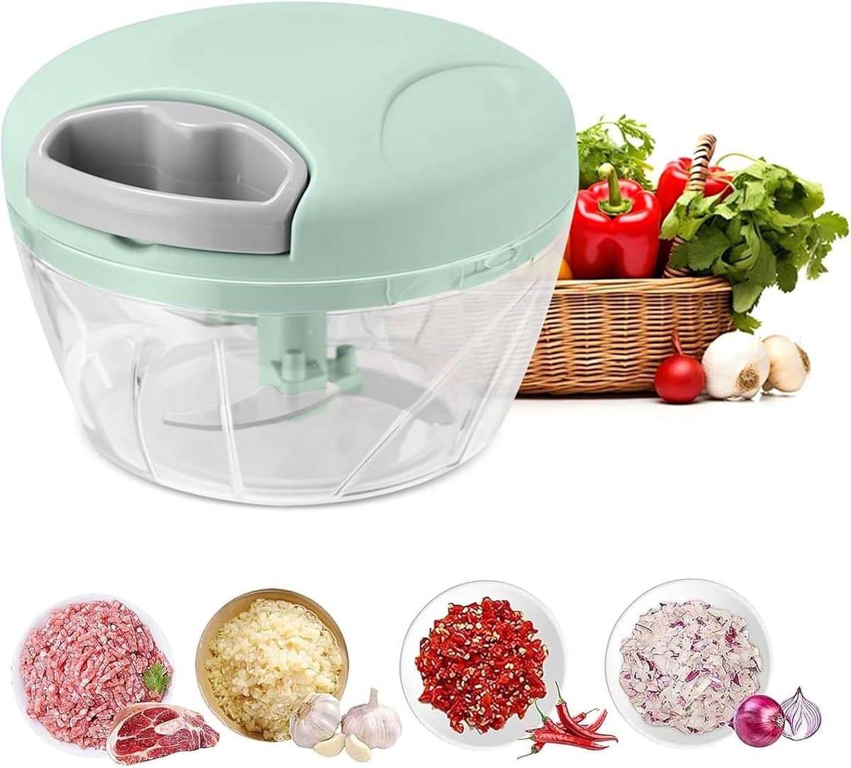 Uienhakker, groentehakker, keukenmachine, groentehakker met deksel (500 ml), BPA-vrij, gemakkelijk schoon te maken, inclusief 3 roestvrijstalen messen. — afbeelding 1
