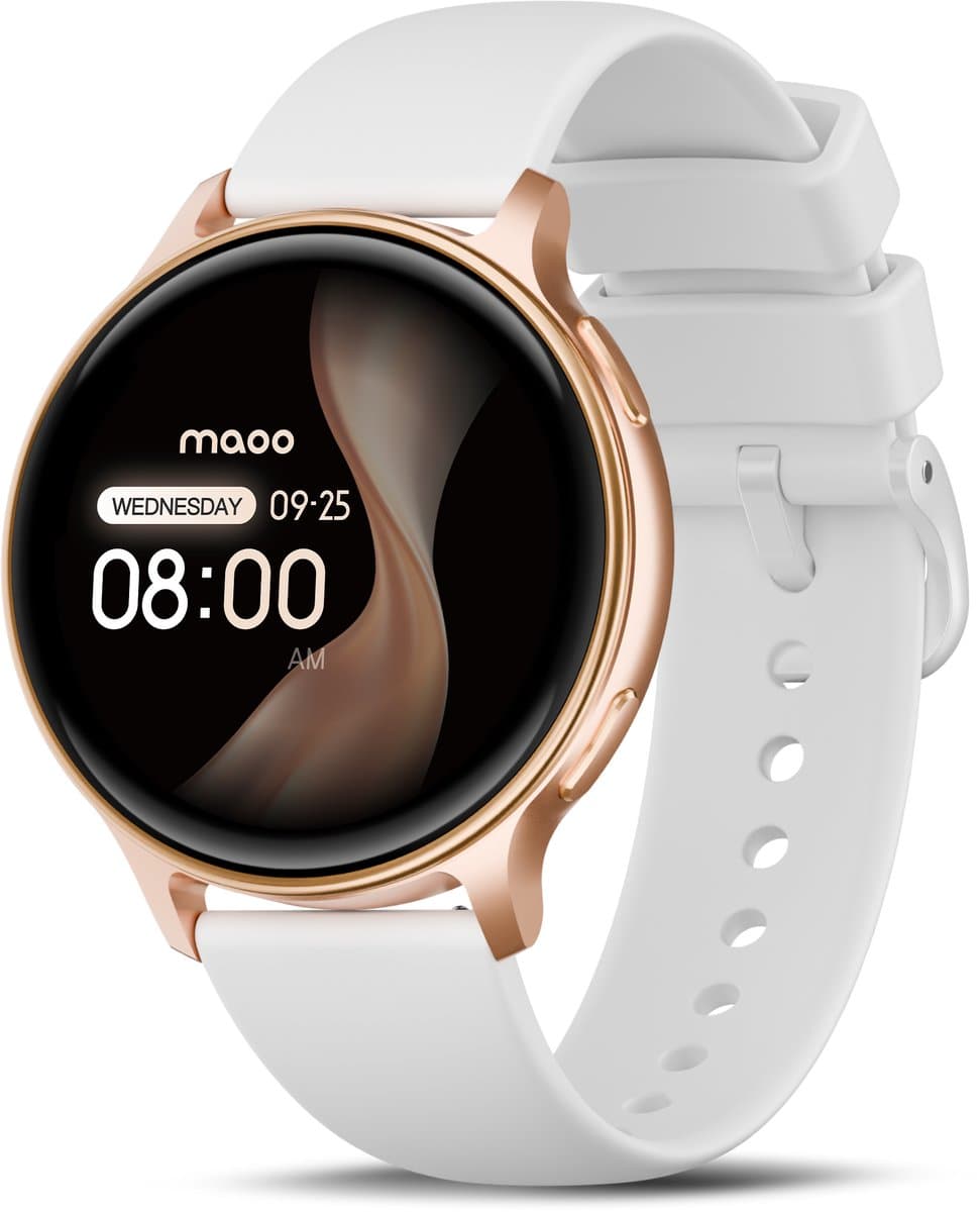 Maoo Ventura 2 - GPS Smartwatch Dames - AMOLED - Siliconen, Leren en Sportbandje - Stappenteller - Hartslagmeter - Slaapmonitor - Belfunctie - AOD - Multisport - Geschikt voor Android en iOS - Rosé Goud en Wit — afbeelding 1