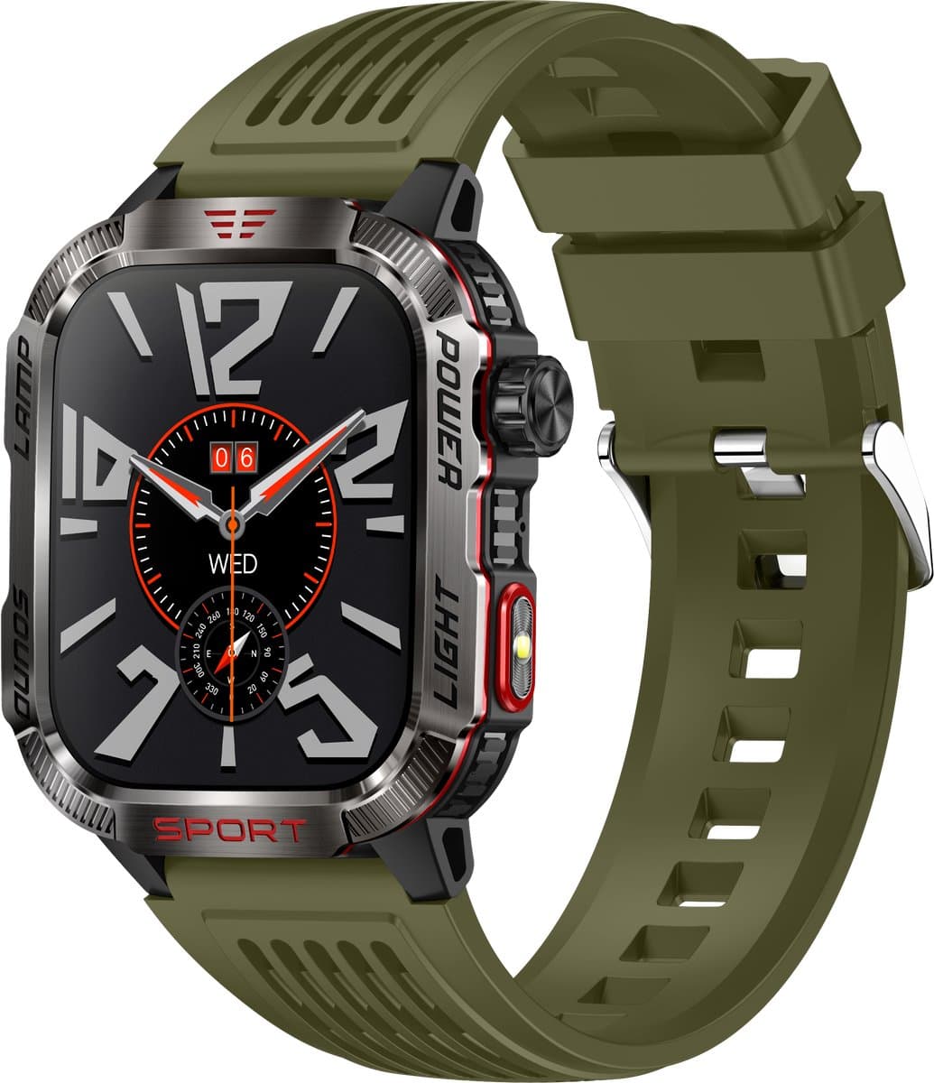 Knobbout Outdoor Smartwatch 2.01”Scherm Extra Groot Scherm – Militair Standaard Schok & Krasbestendig - Zaklamp + SOS - Kompas & Hoogtemeter - GezondheidsmonitorBluetooth Bellen -AI Spraakassistent- 600mAh -IP68 -wart staal+ siliconen band - Groen — afbeelding 1