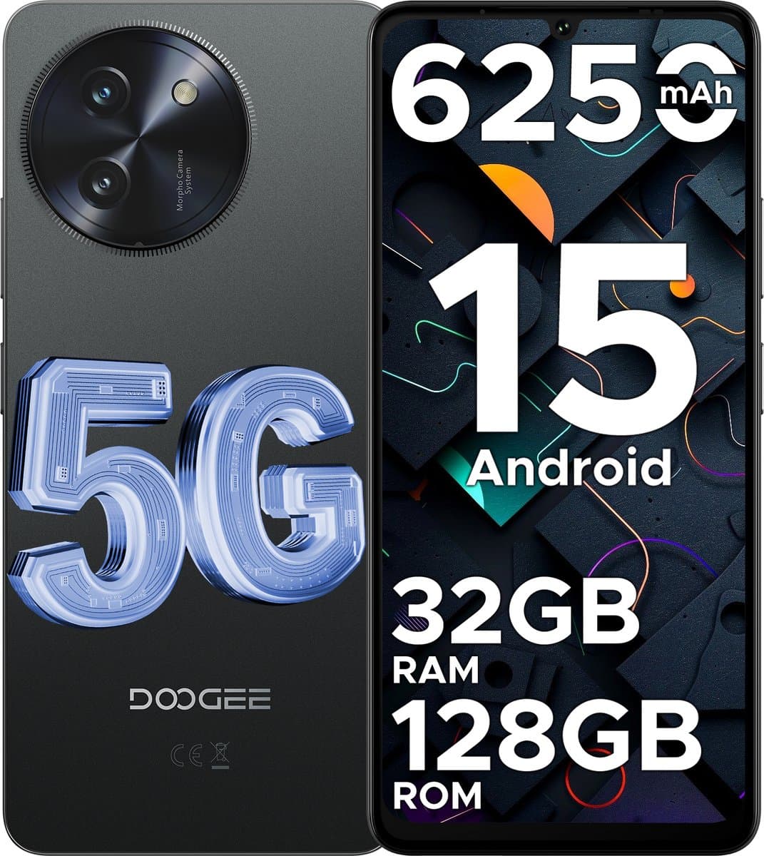 DOOGEE Note59 5G - Smartphone - Mobiele Telefoon - 32 GB RAM+128 GB ROM (2TB/TF) - Android 15 - 6250 mAh - 6,75 inch HD+ 120 Hz -Face ID - AI camera- Dual SIM - NFC - Zwart — afbeelding 1
