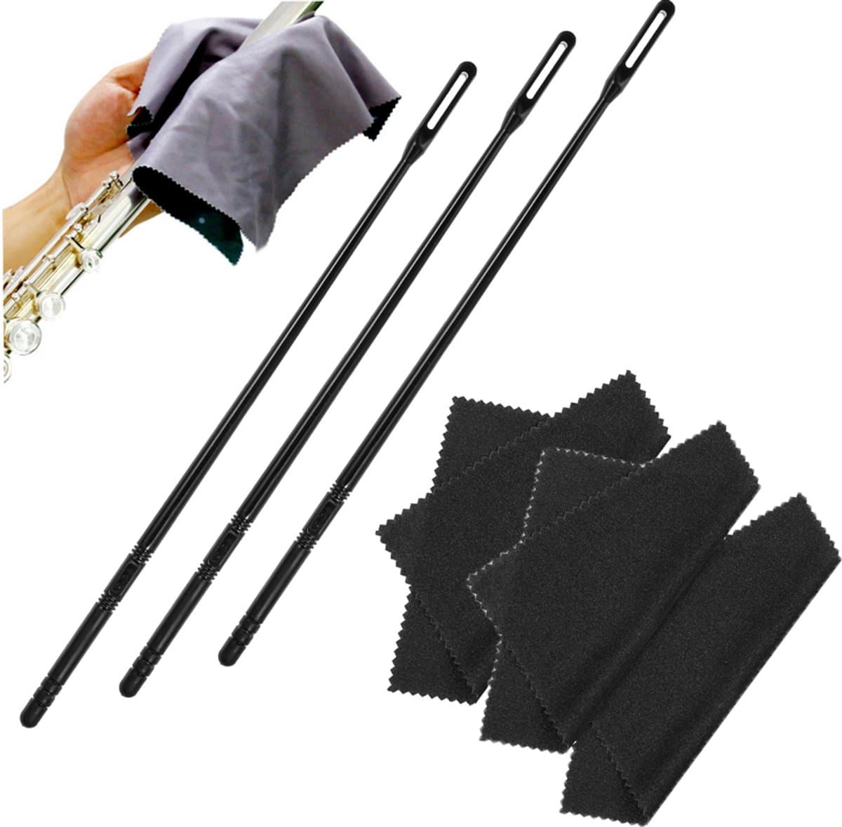 Fluit Reinigingsset - 3 Stuks - Schoon Wattenstaafjes - Fluitenreiniger - Muziekinstrumenten Polijsten - Doek Cleaner Accessoires - Reinigingsset Voor Dwarsfluit - Reinigingsdoek Set Voor Dwarsfluit En Saxofoon - Zwart — afbeelding 1