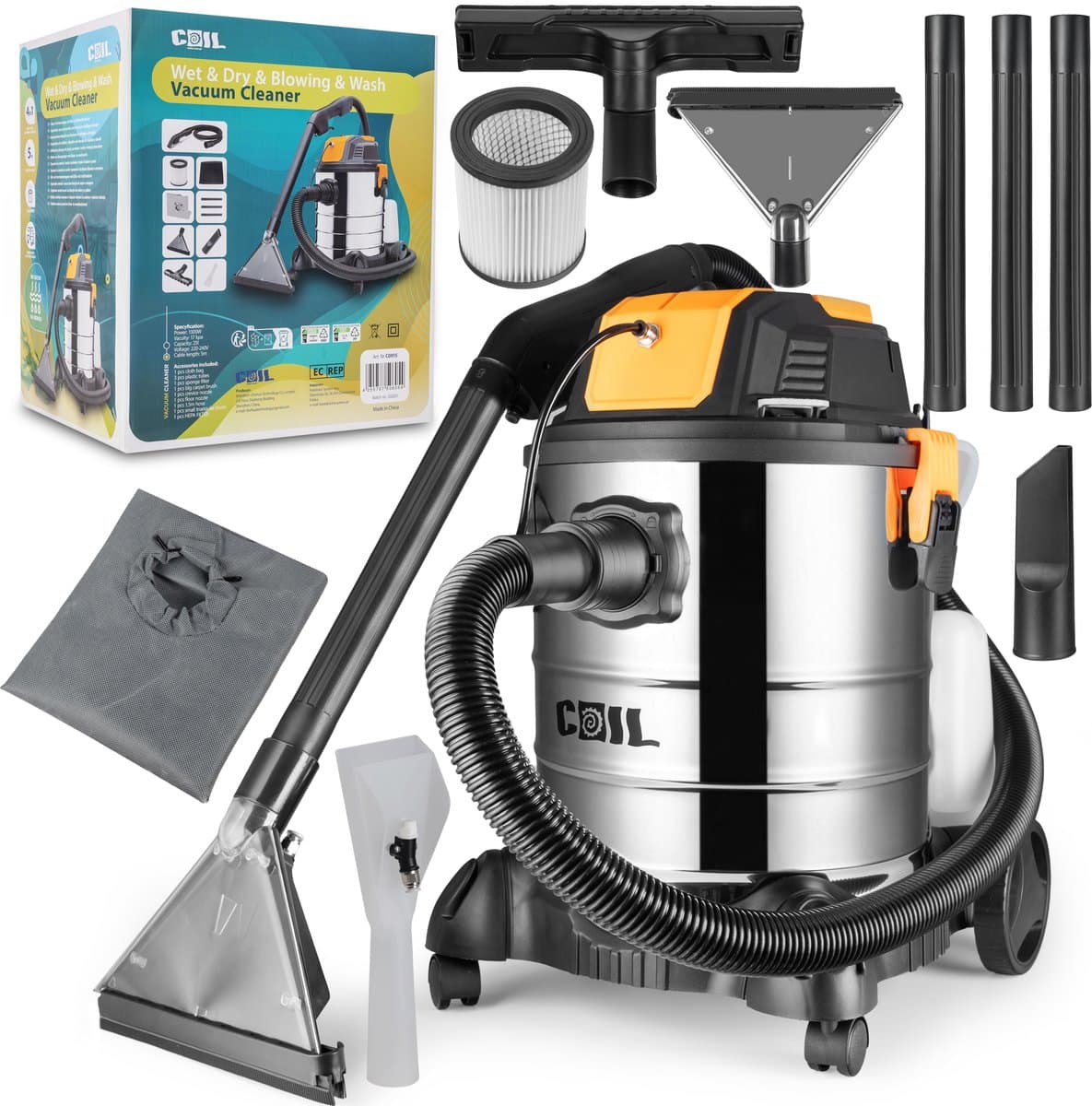 COIL Wasstofzuiger - Voor tapijten en meubelbekleding - 4-in-1 - 25L - Nat- en Droogzuiger + Wasfunctie + Blaasfunctie | Filterreinigingsfunctie I 19 kPa | 5L Detergenttank | HEPA-filter I Accessoires Set — afbeelding 1