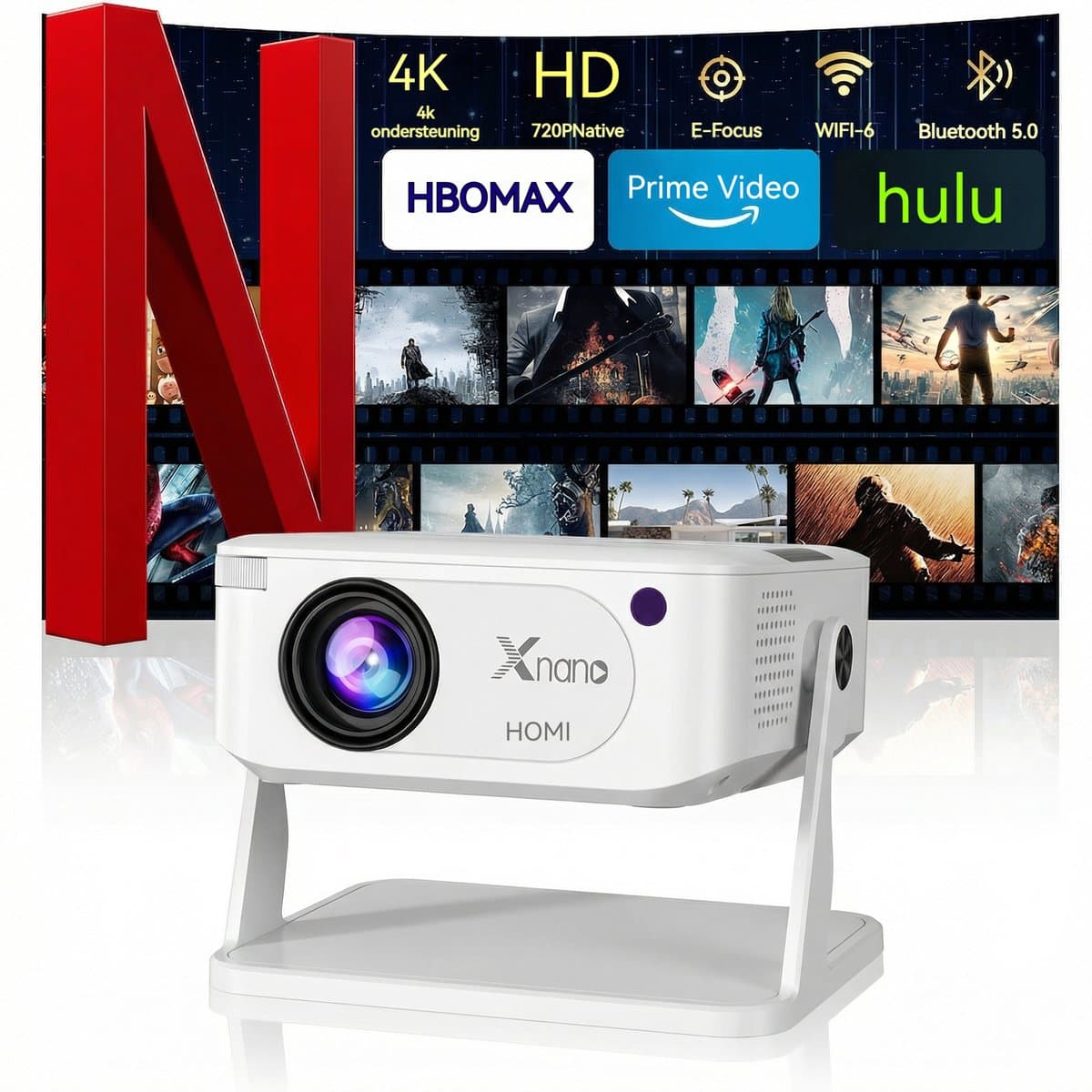 Mini beamer - XNAN smart projector - Android 11 - WiFi 6 - Bluetooth - 4K ondersteuning - 720p native - automatische keystone - draagbare home cinema beamer - handmatige focus - 40 tot 120 inch - 1 tot 4 m projectieafstand - compact formaat - wit — afbeelding 1