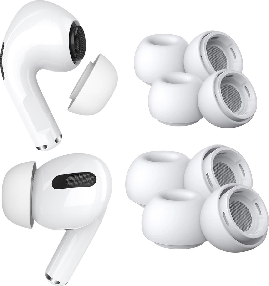 MMOBIEL 4 Paar Vervangende Oordopjes Tips Geschikt voor AirPods Pro Gen 1 & 2 - Antislip Siliconen Oordopjes met Ruisonderdrukkingsgat, Draagbare Opbergdoos en Passen in Oplaadcase – 2x S, 2x M – Wit — afbeelding 1