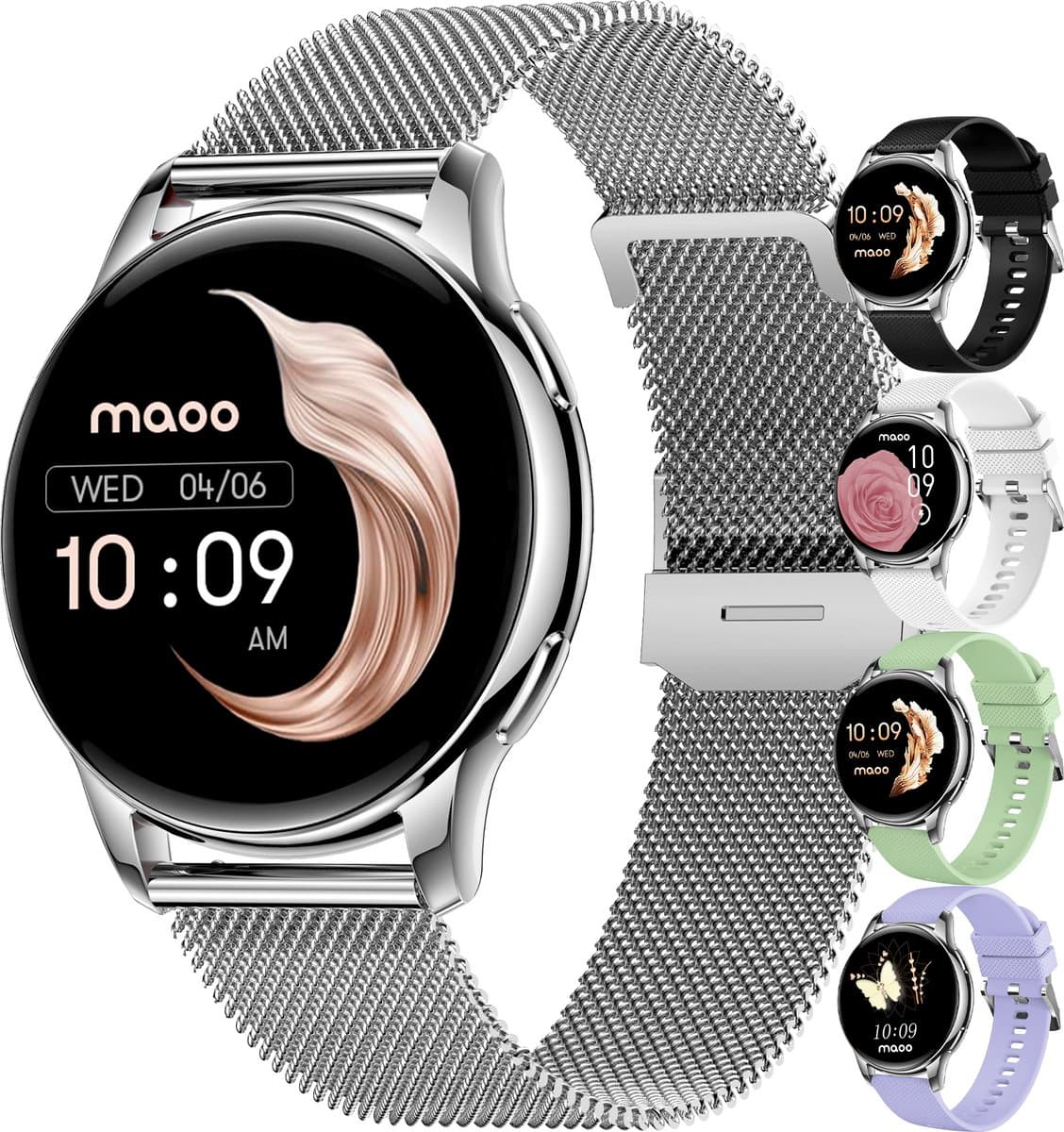 Maoo Ventura AMOLED Smartwatch Dames - RVS en 4x Siliconen Bandje - Stappenteller - Hartslagmeter - Slaapmonitor - Multisport - Geschikt voor Android en iOS - Zilver en Wit — afbeelding 1