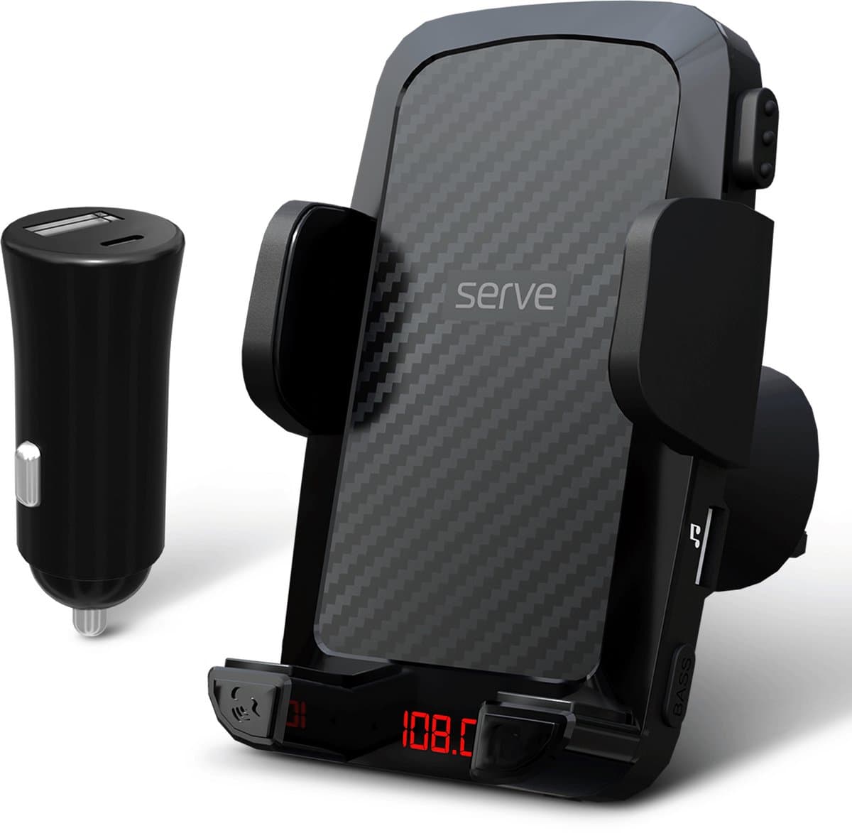 Serve FM Transmitter & Telefoonhouder Auto - Bluetooth Carkit voor Muziek - Telefoonhouders Auto Accessoires - Ventilatie Houder — afbeelding 1