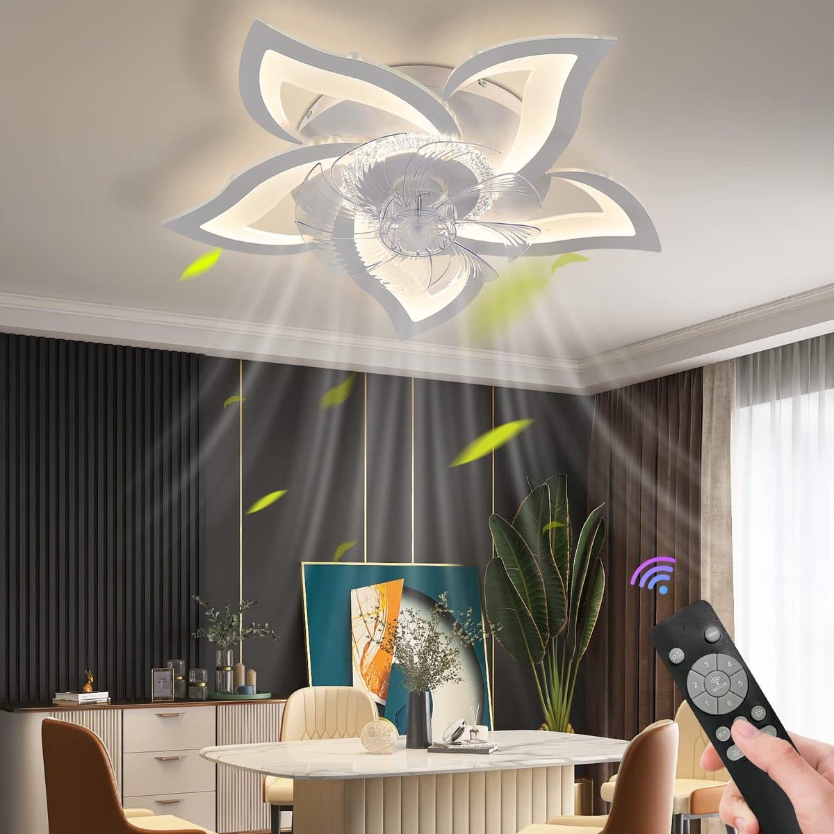 Chandelix - Plafond Ventilator Lamp - 55 CM - Smart Lamp - 6 Standen - Dimbaar - Wit - Kroonluchter Ventilator - Chandelier Fan - Woonkamer Lamp - Ventilator Lampen - Eetkamer lamp - Slaapkamer lamp — afbeelding 1