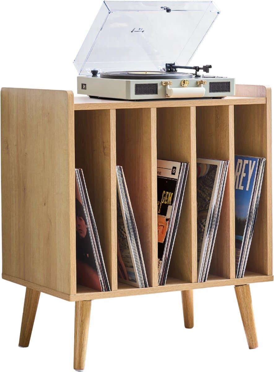 ACAZA LP Opbergsysteem - LP Houder - Lichte Eik - 56,5 x 39 x 66 cm (L x B x H) - Platenspeler Meubel - Vinyl Opbergsysteem - Platenrek - Platenkast - Platenhouder - 110 Platen — afbeelding 1