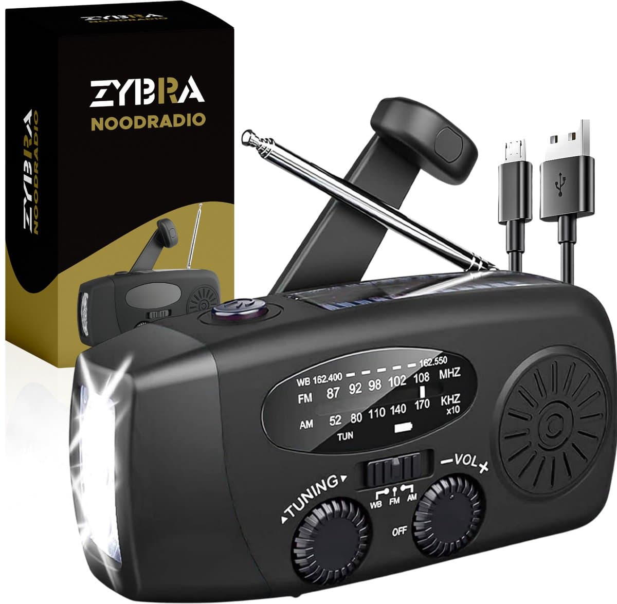 Zybra® Draagbare Noodradio - Powerbank 2000 mAh - Zaklamp - Solar opwindbaar - SOS alarm - USB-C kabel - Noodpakket - Kunststof - Zwart — afbeelding 1