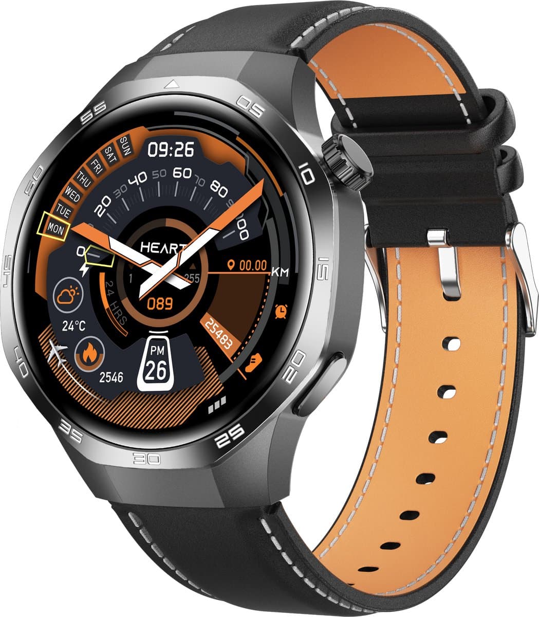 Knobbout 1.53" Scherm Stijlvolle Sport Smartwatch – NFC- Kompas, Hoogtemeter, Barometer-Bluetooth Bellen - Draadloos Opladen - hartslag, bloeddruk, zuurstofgehalte (SpO₂) - AI Assistent - medicatie innemen alert - Zwart Leren + Siliconen Band — afbeelding 1