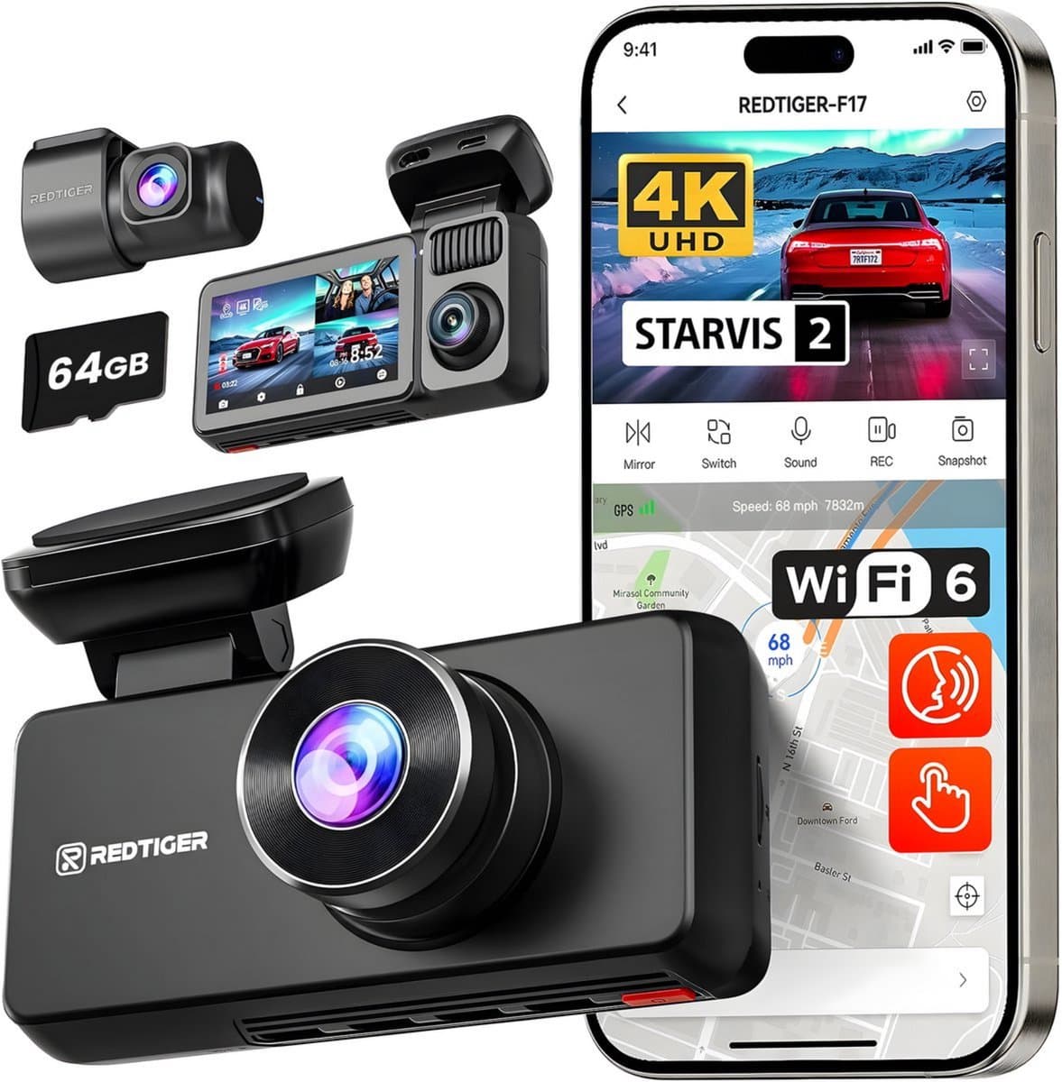 RedTiger F17 Dashcam voor auto - Ultra 4K & 1080P & 1080P– Voor en Achter Camera – Binnenkant camera - 2025 Model - WiFi en GPS – 3.0 Inch met App - Sony Sensor - Dashcams - Parkeerbewaking - G Sensor - Loop opname - Sony Starvis 2 sensor — afbeelding 1