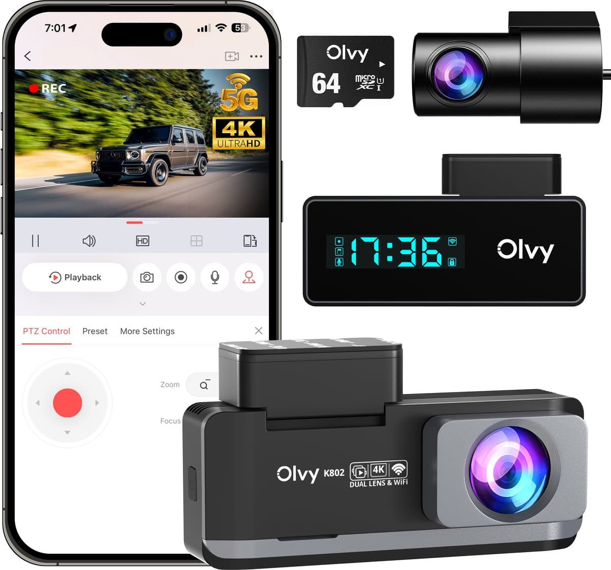 Olvy Dual Dashcam - Voor Auto - Camera Voor en Achter - 4K - Full HD - Nachtzicht - Met 64GB SD - Wifi — afbeelding 1