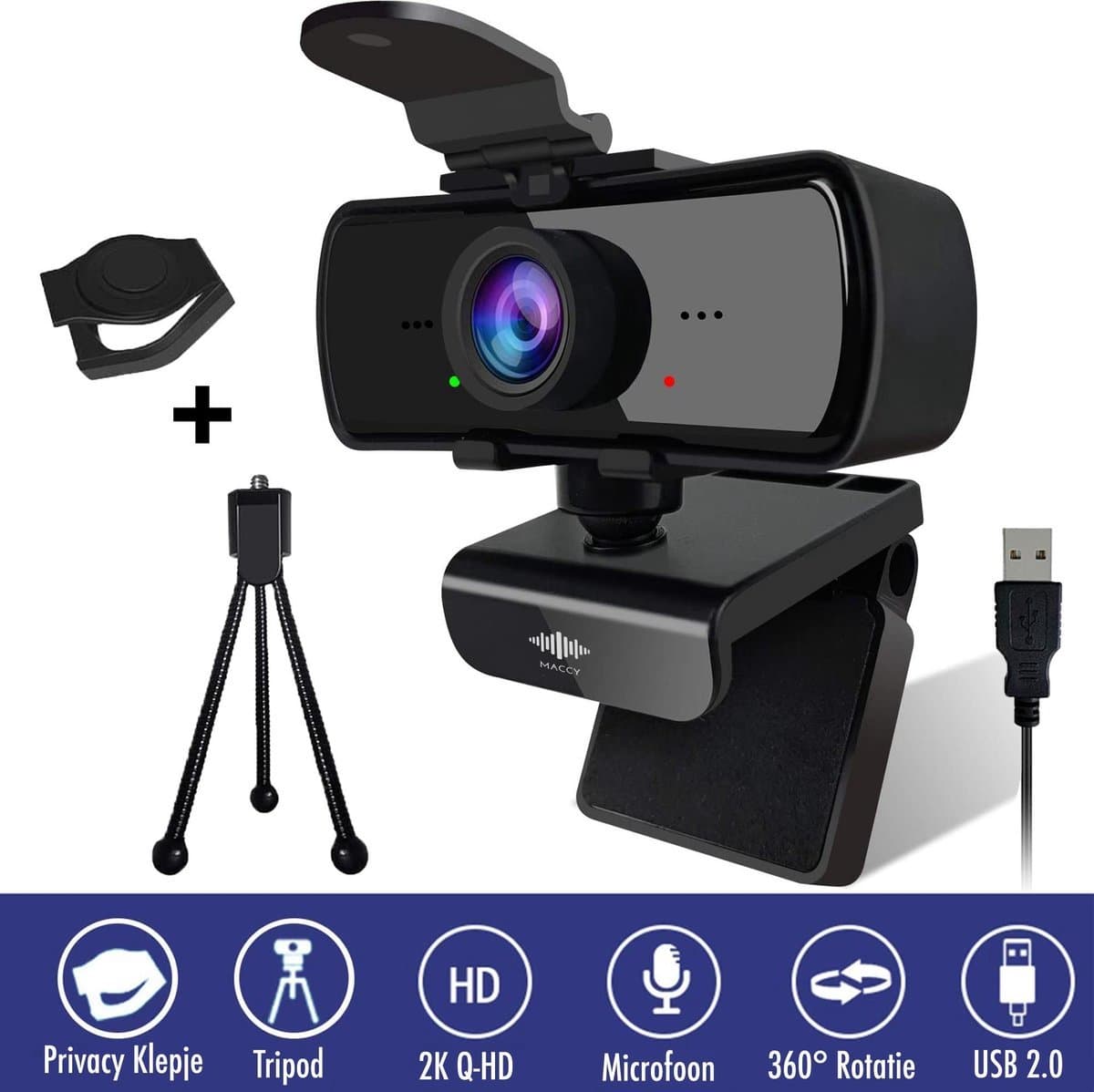 DynaBright Webcam met Ruisvrije Microfoon - Webcam Cover en Tripod - HD Pro Webcam - 4MP - 2560x1440 - Webcam voor PC - Webcam voor Computer — afbeelding 1