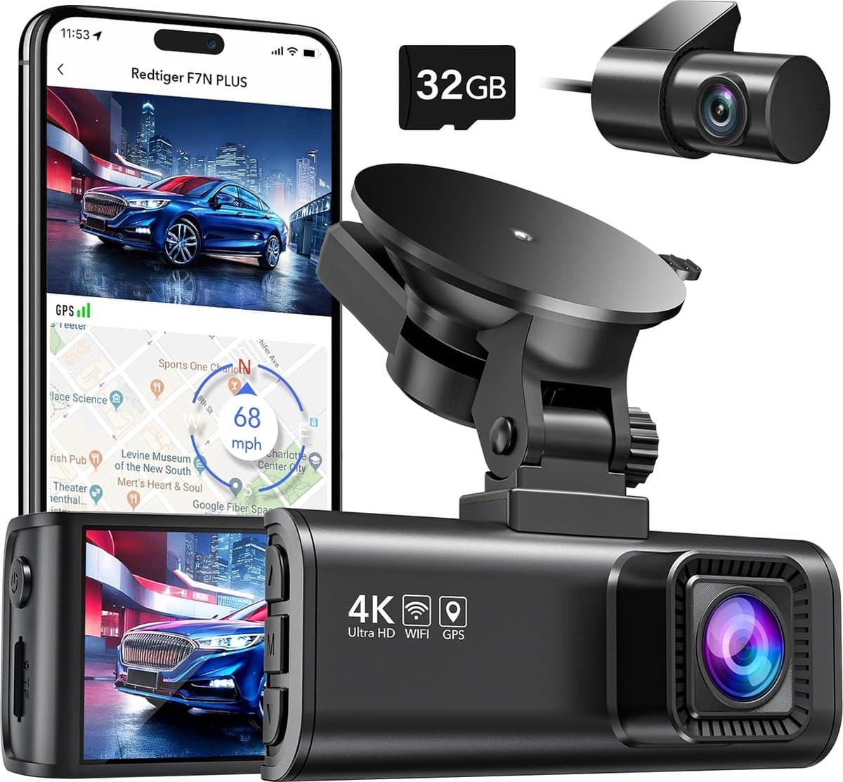 DiverseGoods 4K Dashcam Autocamera met WiFi en GPS Autocamera, Dash CAM 3.18" IPS Scherm, 170° Groothoek, Nachtzicht, Loop Recording, G-sensor, Parkeermonitor, 256GB MAX — afbeelding 1