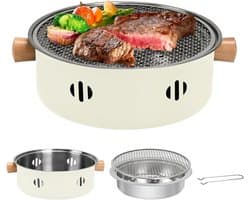 Draagbare houtskoolgrill, mini-barbecuegrill uit één stuk, multifunctionele rookvrije ronde tafelbarbecue op houtskool, geschikt voor koken binnen en buiten, familiebijeenkomsten, picknicks en kamperen (beige).