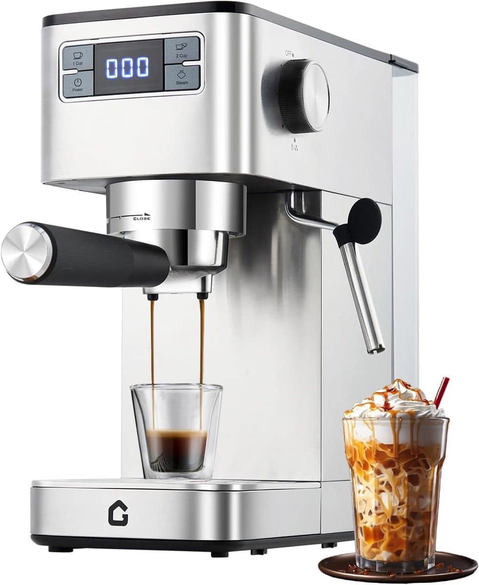 Koffiezetapparaat - 3-In-1 Functie: Espresso, Cappuccino en Latte Macchiato - Melkopschuimer - 1350 Watt - 20 Bar - 1,25 Liter Watertank - digitaal LED-display - Zilver — afbeelding 1