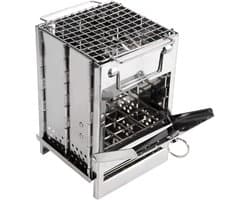 Houten brandende vouw-camping oven, RVS roosters, draagbare vouw-rugzak oven, wandelen, outdoor tent, kamperen, picknick, barbecue,